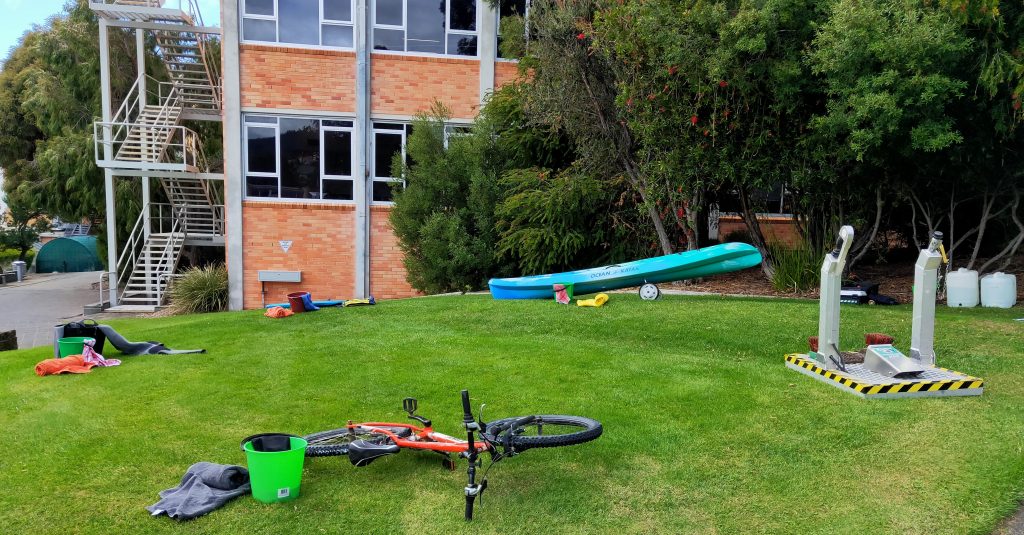 The four cleaning stations and boot wash platform that NRM South had at the Kids4Kids Conference - biosecurity education in Tasmania.