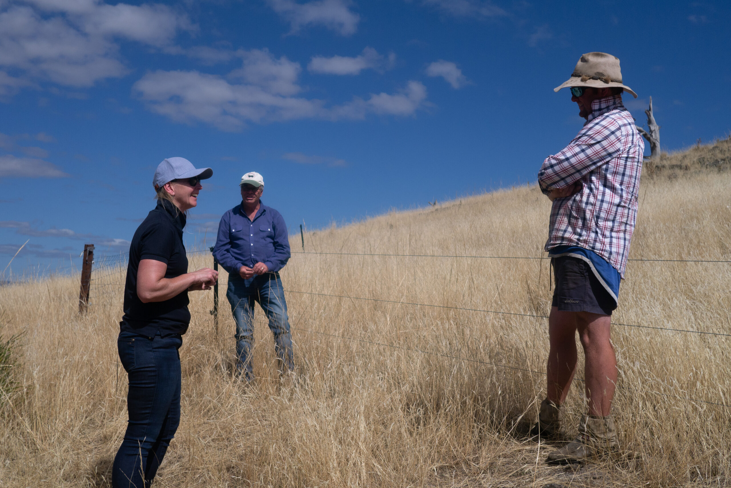 Group of three people standing a dry field and talking